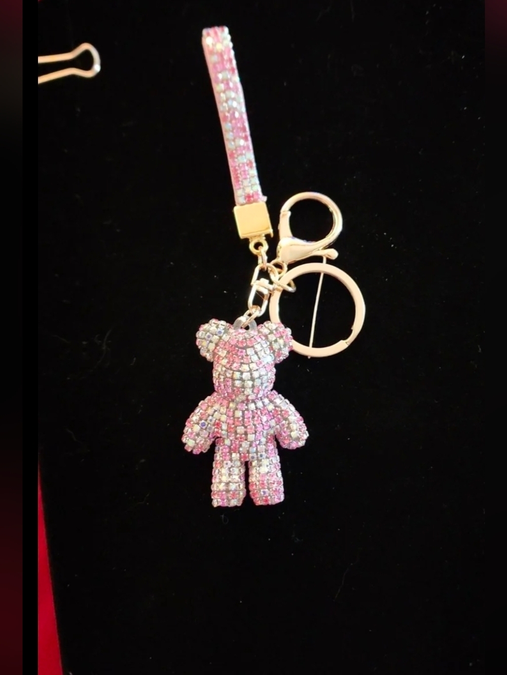 Sparkley Gemstone, Rhinestone BearBrick PINK and White Blingy Keychain